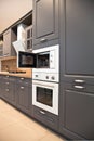 Interior of luxurious wooden modern kitchen grey cabinets