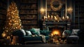 Interior of luxury art-deco living room with Christmas decor in green and gold. Blazing fireplace, wreath, garlands and Royalty Free Stock Photo