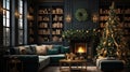 Interior of luxury art-deco living room with Christmas decor in green and gold. Blazing fireplace, wreath, garlands and Royalty Free Stock Photo