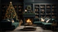 Interior of luxury art-deco living room with Christmas decor in green and gold. Blazing fireplace, wreath, garlands and Royalty Free Stock Photo