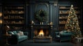 Interior of luxury art-deco living room with Christmas decor in green and gold. Blazing fireplace, wreath, garlands and Royalty Free Stock Photo