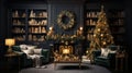 Interior of luxury art-deco living room with Christmas decor in green and gold. Blazing fireplace, wreath, garlands and Royalty Free Stock Photo