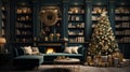 Interior of luxury art-deco living room with Christmas decoration. Blazing fireplace, garlands and candles, elegant Royalty Free Stock Photo