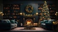 Interior of luxury art-deco living room with Christmas decoration. Blazing fireplace, wreath, garlands and candles