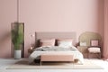 The interior of a luxury bedroom with a large bed in plain pink pastel colors and plants in the room. Generative AI Royalty Free Stock Photo