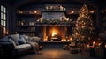 Interior of luxury classic living room with Christmas decor. Blazing fireplace, garlands and burning candles, elegant Royalty Free Stock Photo