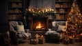 Interior of luxury classic living room with Christmas decor. Blazing fireplace, garlands and burning candles, elegant Royalty Free Stock Photo