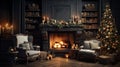 Interior of luxury classic living room with Christmas decor. Blazing fireplace, garlands and burning candles, elegant Royalty Free Stock Photo