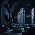 Interior Of Luxury Eastern Living Room with Arched Windows and High Ceiling, Cozy Sofa, Generative AI