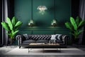 Interior of luxury living room with dark green walls, black leather sofa and green plants. Generative AI Royalty Free Stock Photo