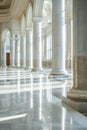 Interior of luxury lobby of commercial building or museum, vertical view of clean shiny floor in hallway after professional care.