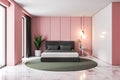 Pink loft bedroom interior, double bed Royalty Free Stock Photo