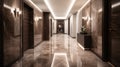 Interior of a luxury modern hotel corridor with marble emperador floor and glowing lights on molding. Royalty Free Stock Photo