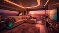 Interior of luxury motor yacht, furnishing decor of the salon area in a rich modern large sea boat design. Relaxation areas for Royalty Free Stock Photo