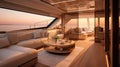 Interior of luxury motor yacht, furnishing decor of the salon area in a rich modern large sea boat design. Relaxation areas for Royalty Free Stock Photo