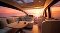 Interior of luxury motor yacht, furnishing decor of the salon area in a rich modern large sea boat design. Relaxation areas for Royalty Free Stock Photo