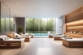 interior of luxury spa salon with a pool, neutral white colors, big windows, fresh plants Royalty Free Stock Photo