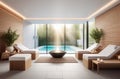 interior of luxury spa salon with a pool, neutral white colors, big windows, fresh plants Royalty Free Stock Photo