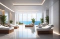 interior of luxury spa salon with a pool, neutral white colors, big windows, fresh plants Royalty Free Stock Photo