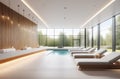 interior of luxury spa salon with a pool, neutral white colors, big windows, fresh plants Royalty Free Stock Photo