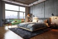 Interior of luxury suit, modern bedroom of a hotel or apartment, stylish design with beautiful city view. AI Generative Royalty Free Stock Photo