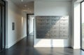 Interior with mailbox in modern building. Postal boxes inside residential building hallway. Metal letterboxes on wall. Concept of Royalty Free Stock Photo