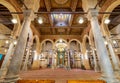 Interior of Mamluk era Imam Al Shafii Mosque, with floral decorated wooden ceiling, Cairo, Egypt