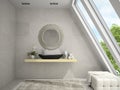 Interior of mansard badroom with round mirror 3D rendering Royalty Free Stock Photo