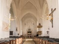 Interior of Mariager Church with pulpit and choir with altar, Nordjylland, Denmark