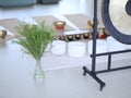 Interior of a massage room with a gong and singing bowls Royalty Free Stock Photo