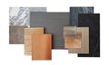 interior material samples board including brown laminated, oak engineer flooring, veneer, black syone quartz, stainless, marble Royalty Free Stock Photo