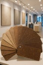 Interior material samples, cork texture palette, showroom display, eco-friendly surface finishes, architectural materials Royalty Free Stock Photo