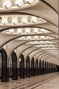 Interior of Mayakovskaya undeground station. Beautiful architecture of Moscow subway.