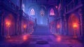 The interior of a medieval castle at night with a ghost. A modern cartoon illustration of an empty hallway in a baroque Royalty Free Stock Photo