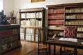 Interior of medieval Cerveny Kamen Red Stown Castle. Cabinet with library