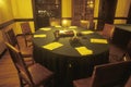 Interior of meeting place of founding fathers by candlelight, Williamsburg, Virginia