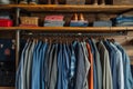 Interior of a men's casual clothing store. Elegant shirts of different colors and textures on the hangers, knitwear Royalty Free Stock Photo
