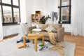 Interior of messy home room with scattered stuff Royalty Free Stock Photo