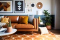 Interior of Mid-Century modern living room with brown sofa, table and pillows. AI Generative Royalty Free Stock Photo