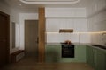 Interior of Minimalist Open Kitchen With White and Green Ava and Technology, 3D rendering