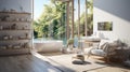 Interior of minimalist scandi bathroom in luxury villa. White walls, free standing bath and sink, comfortable armchair Royalty Free Stock Photo