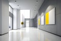 Interior of minimalistic hall in office building or hospital in grey and white colors with details in trendy yellow color. Modern Royalty Free Stock Photo