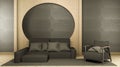 room Interior mock up with black sofa and decoration japanese style on black concrete room. 3D rendering