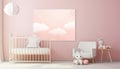 Interior mock up frame in newborn bedroom, three white frames on bright background with rattan crib and chair Royalty Free Stock Photo