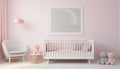 Interior mock up frame in newborn bedroom, three white frames on bright background with rattan crib and chair Royalty Free Stock Photo