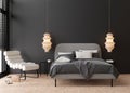 Interior mock up, loft style. Empty black wall in modern bedroom. Copy space for your artwork, picture, poster Royalty Free Stock Photo