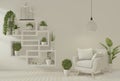 Interior mock up poster armchair and decoration plants in living room mock up design. 3D rendering