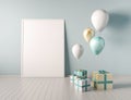 Interior mock up scene with blue and gold gift boxes and balloons. Realistic glossy 3d objects for birthday party or promo posters Royalty Free Stock Photo