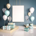 Interior mock up scene with blue and gold gift boxes and balloons. Realistic glossy 3d objects for birthday party or promo posters Royalty Free Stock Photo