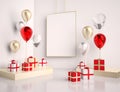 Interior mock up scene with red and gold gift boxes and balloons. Realistic glossy 3d objects for birthday party or promo posters Royalty Free Stock Photo